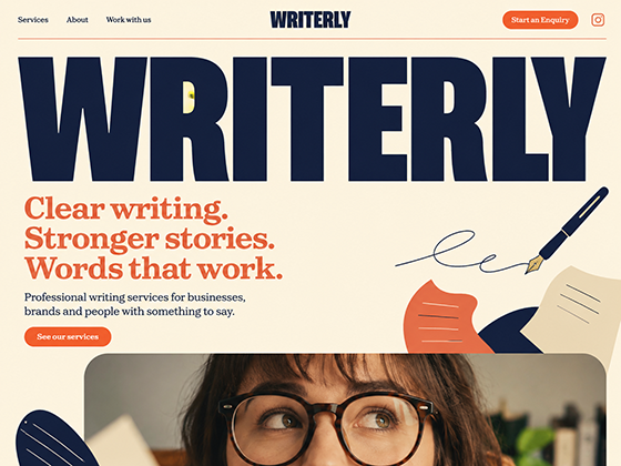 Bespoke website for a professional writing service, with large wordmark and pen illustratio