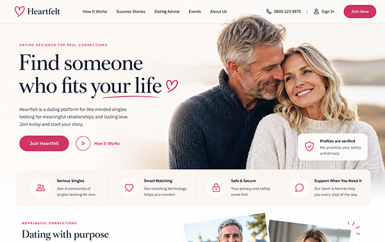 Dating platform website design with verified profiles, smart matching and safety features for serious singles