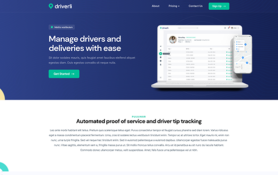 Website design for a delivery management SaaS startup, showing a dashboard mockup