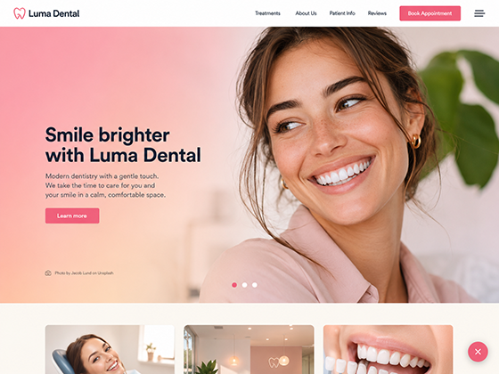 Modern dental homepage design with pink branding, smiling patient hero image, treatment cards and online booking navigation.
