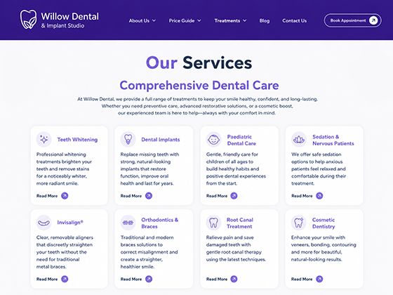 Dental clinic service page mockup with treatment cards and soft branding