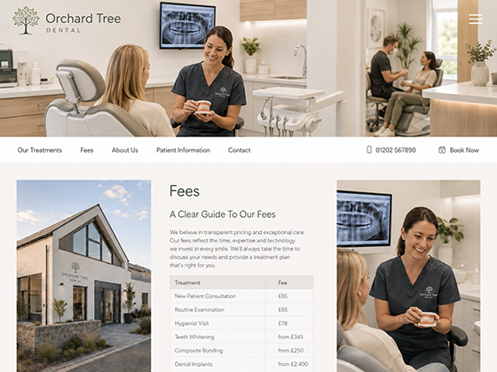Dental practice website design with fees table and patient photography
