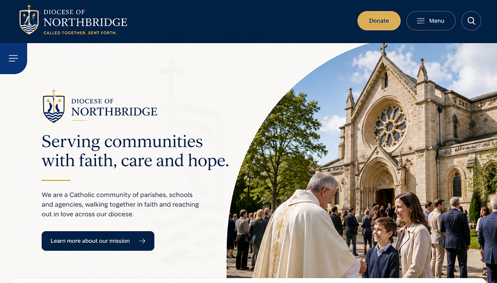 Diocese church website homepage with mission messaging, donation button and welcoming parish photography