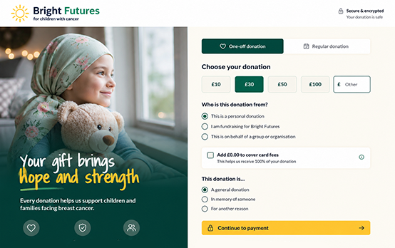 Charity donation page mockup offering one-off and regular giving, donation amounts and a cover-the-fees option