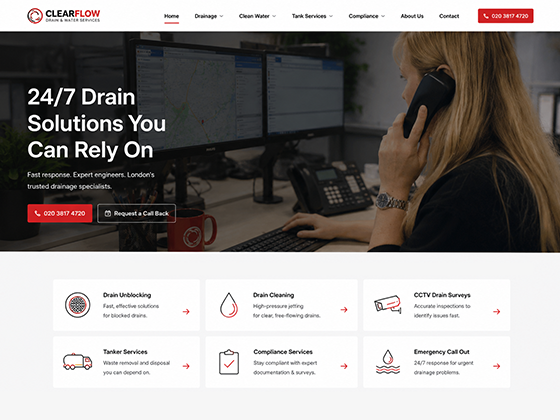 Drainage contractor landing page mockup with emergency service cards