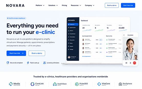 Healthcare e-clinic platform web design showing patient dashboard, appointments, prescriptions and video consultation interface.