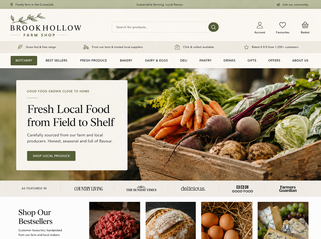Farm shop website design homepage with fresh vegetable hero image and product search