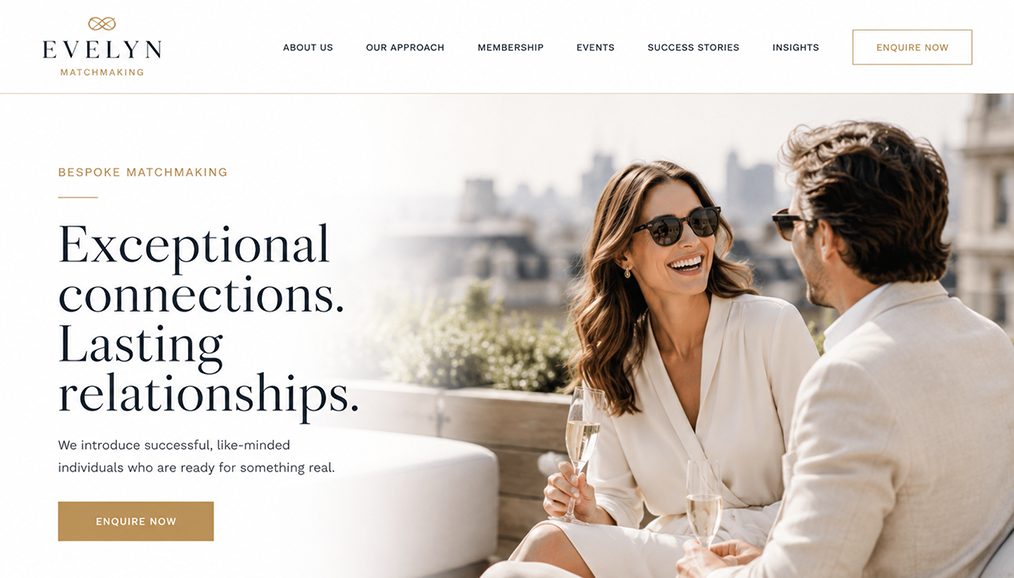 Elite matchmaking website design with an "Enquire now" membership route for successful, like-minded singles