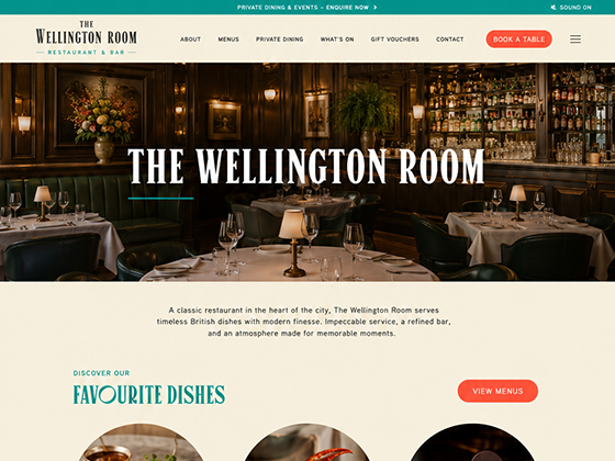 Classic restaurant home page mockup with elegant dining room hero image