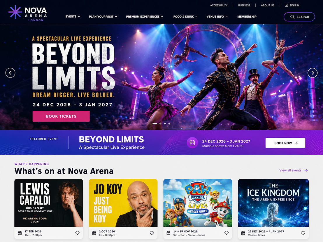 Arena website design showing live event homepage with ticket booking and what's-on listings