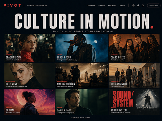 Media brand website design with film, TV and music story grid layout