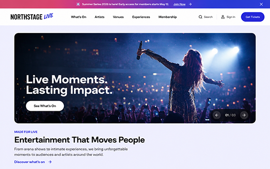 Live entertainment website design with concert homepage, artist listings and ticket navigation