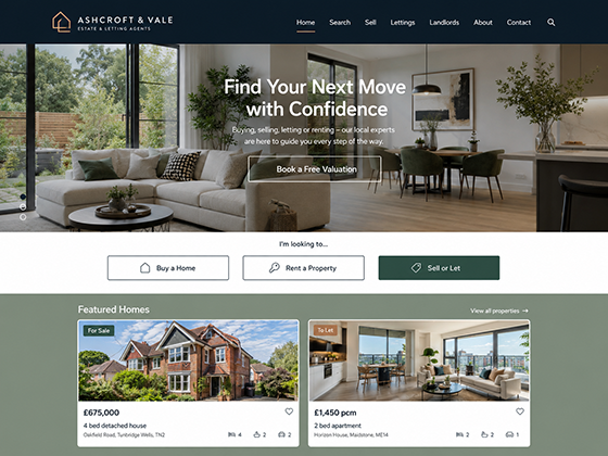 Estate agent website homepage design, with a free valuation button and featured property listings.