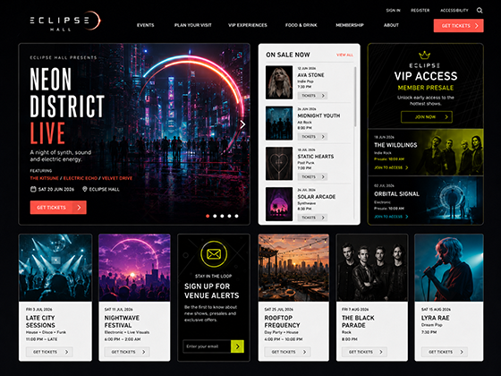 Music venue website design showing on-sale events, gig listings and ticket buttons