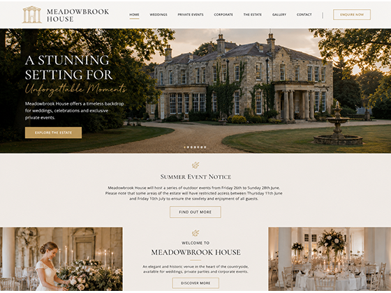 Wedding and events venue website design with country house homepage and enquiry routes