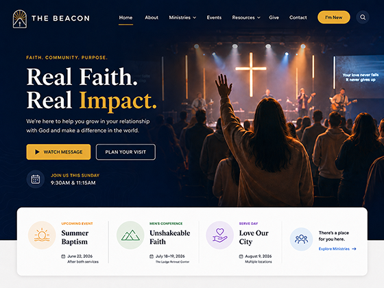 Modern church web design concept with worship hero image, service times and ministry feature cards