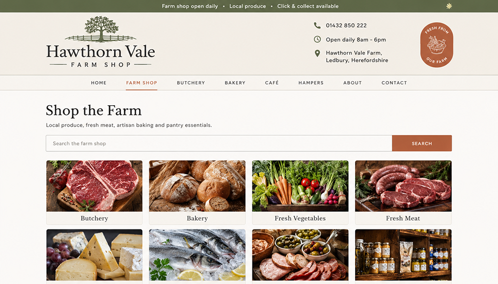 Farm shop ecommerce category page showing butchery, bakery and fresh produce ranges