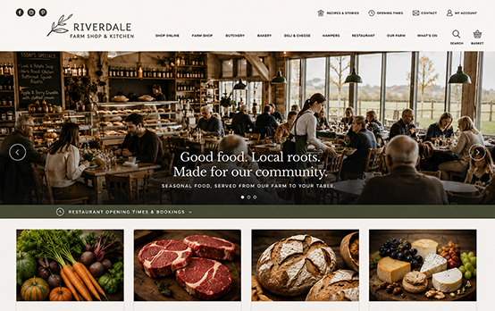 Farm shop and restaurant website homepage with cafe interior and produce categories