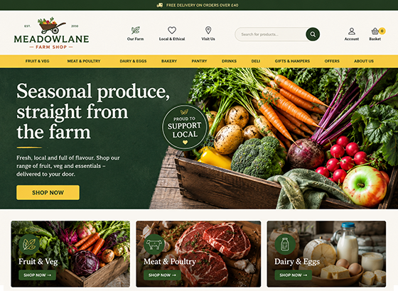 Farm shop website design with seasonal produce hero and click-and-collect category navigation