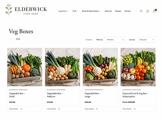 Farm shop veg box subscription page showing small, medium and large vegetable boxes