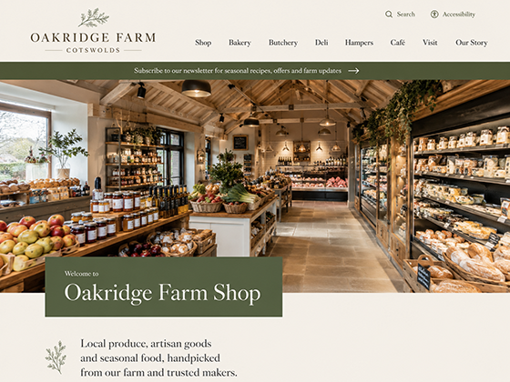 Farm shop website homepage with farm shop interior, produce shelves and seasonal newsletter signup