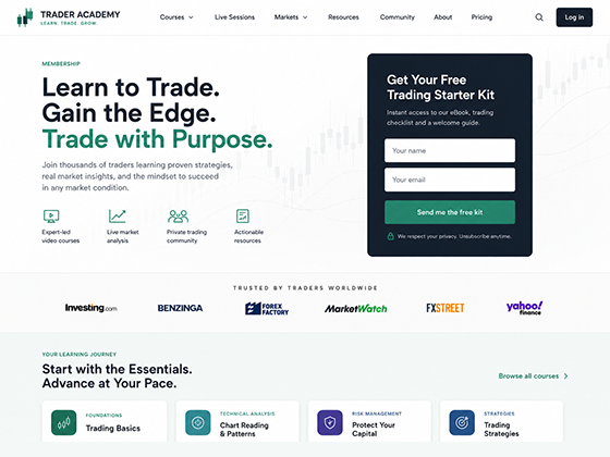 Membership website design for a trading academy with course access and free starter kit signup.