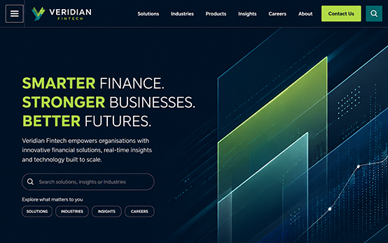 Modern fintech website design with dark theme and bold typography