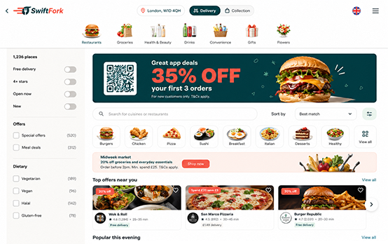 Food delivery app UI mockup with restaurant filters and offers
