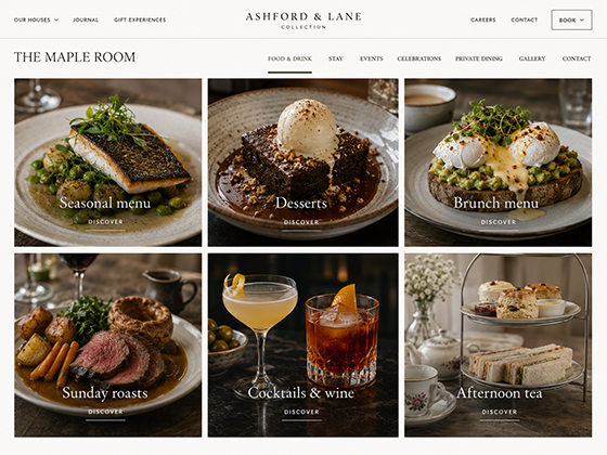 Gastropub menu page design showing seasonal menus, Sunday roasts, cocktails and afternoon tea