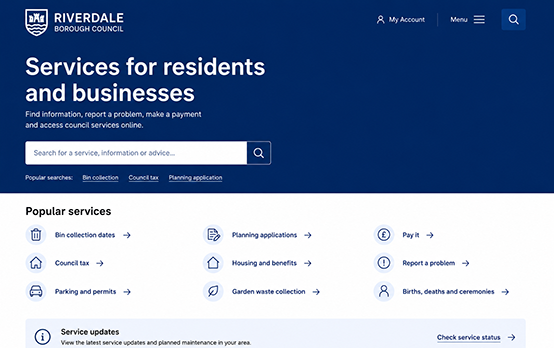 Civic government landing page design with public services search, benefits support section and resident service shortcuts