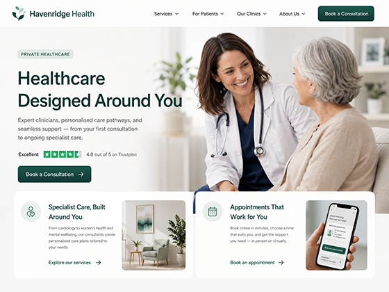 Private healthcare website design with clinician consultation, specialist care pathways and online appointment booking sections.