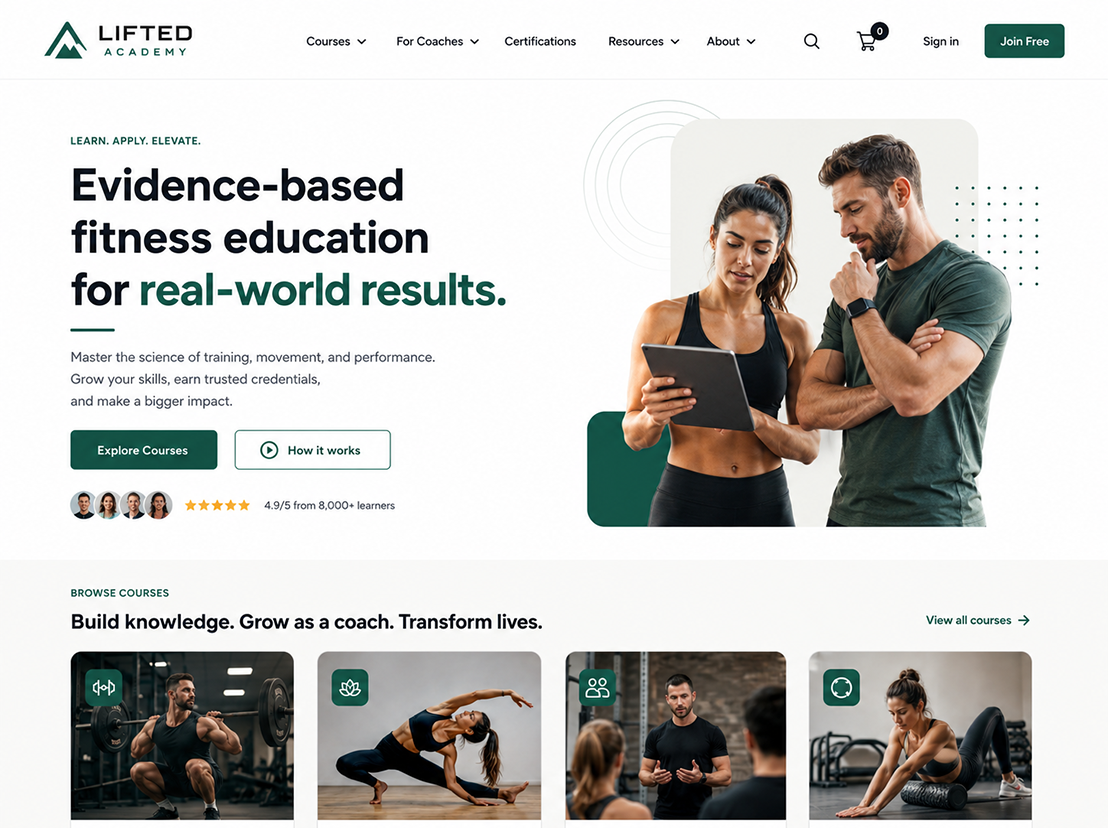 Fitness education membership website build showing course catalogue, coaching certifications and learner reviews.