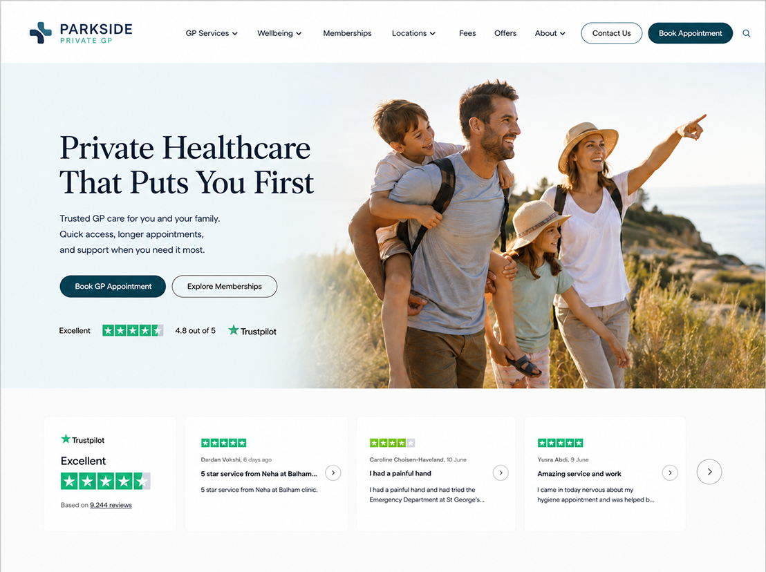 Private GP website design showing family healthcare hero, Trustpilot reviews and appointment booking navigation.