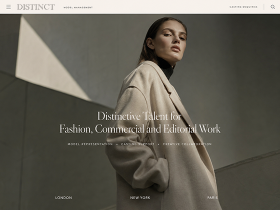 Modelling agency website design with a full-bleed fashion model in a camel coat and a London, New York, Paris location bar