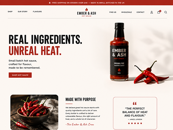 Ecommerce website for a small batch hot sauce brand, with product hero and fresh chillies