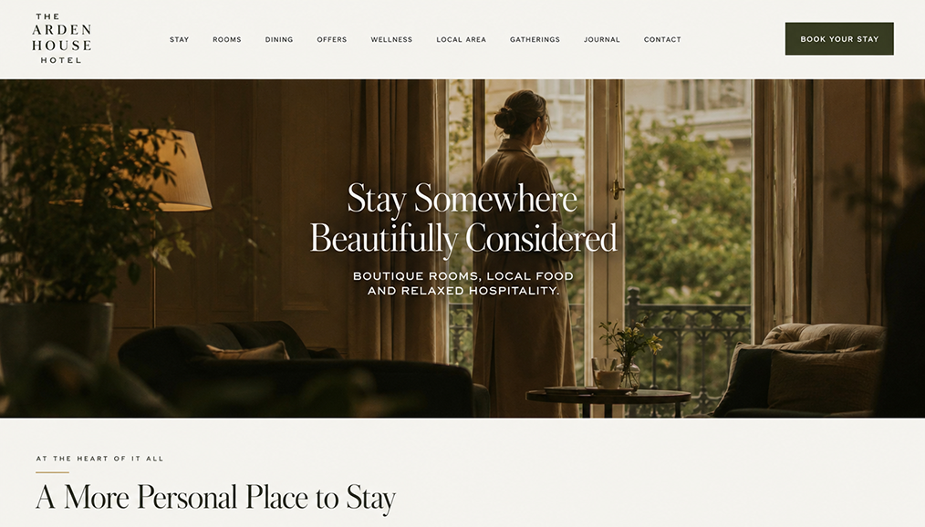 Hotel home page design showcasing atmospheric interior photography, refined navigation and editorial brand identity