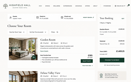Hotel room search results page design with filters, pricing, booking summary and rate selection