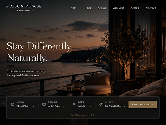 Seaside hotel website booking page mockup with date pickers, guest selection and availability widget