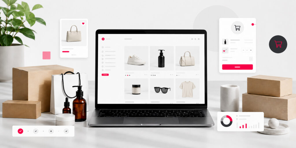 Laptop showing an ecommerce layout with product packaging, checkout panels and shopping UI