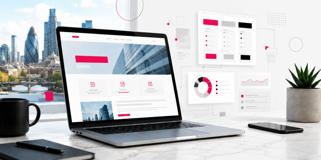 Laptop showing a modern website layout with pricing panels on a desk overlooking London