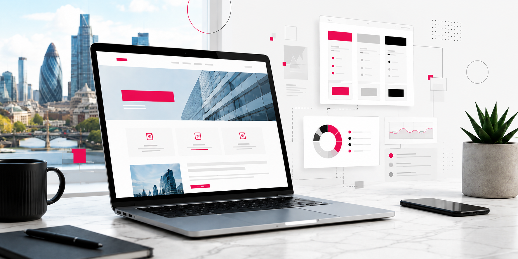 Laptop showing a modern website layout with pricing panels on a desk overlooking London