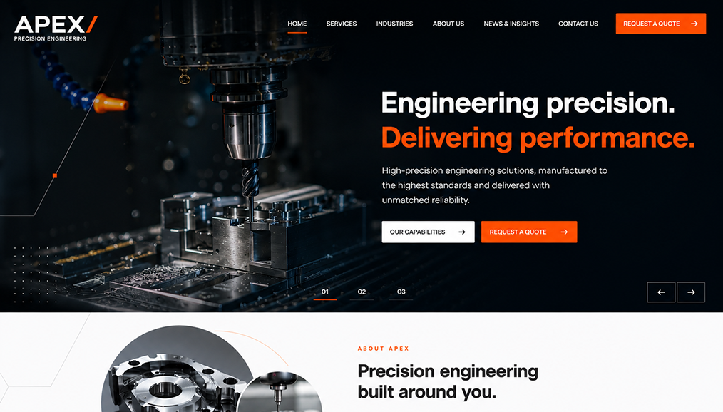Precision engineering website design featuring a CNC machining hero image