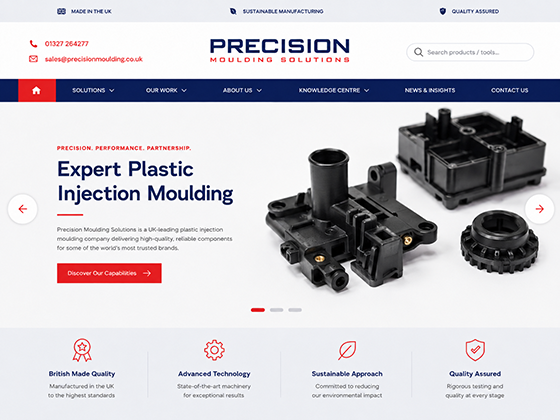 Plastic injection moulding company website with a product range and quality signals