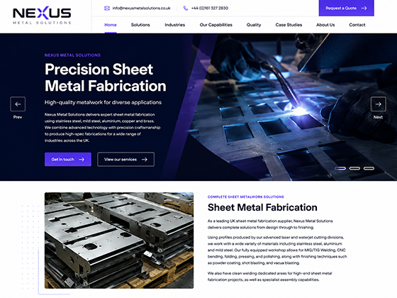 Sheet metal fabrication website design showing capabilities and materials