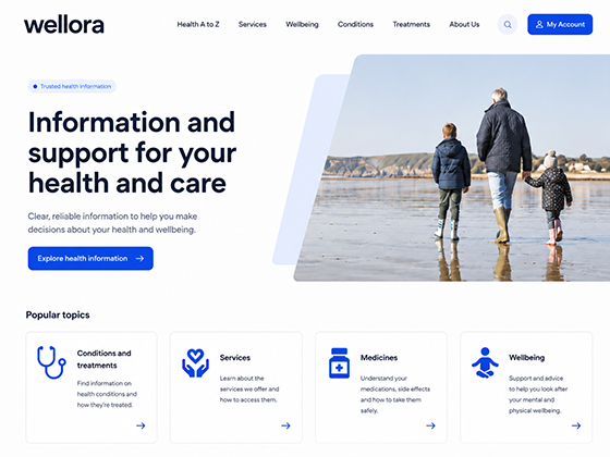 Healthcare information website design with conditions, treatments, medicines and wellbeing topic navigation for patients.