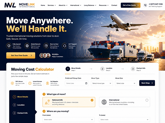 International moving company website design with quote calculator, freight imagery and door-to-door relocation services