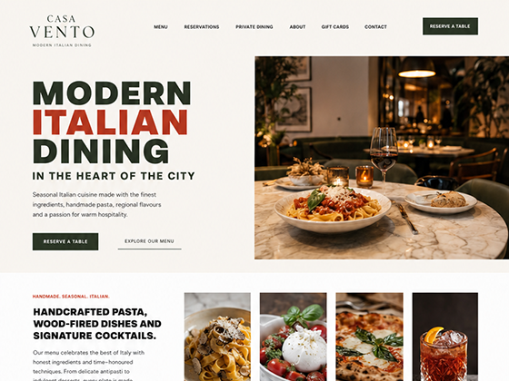 Italian restaurant landing page mockup with food photography and menu cards