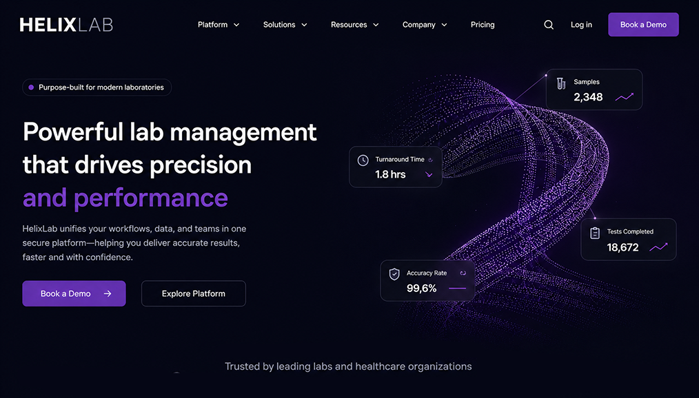 Laboratory management platform web design showing sample tracking, turnaround time and accuracy rate data dashboards.