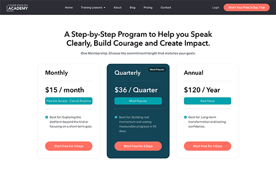 Membership pricing page design showing monthly, quarterly and annual subscription tiers with free trial.