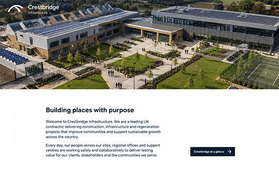 Large construction company homepage mockup with infrastructure project hero